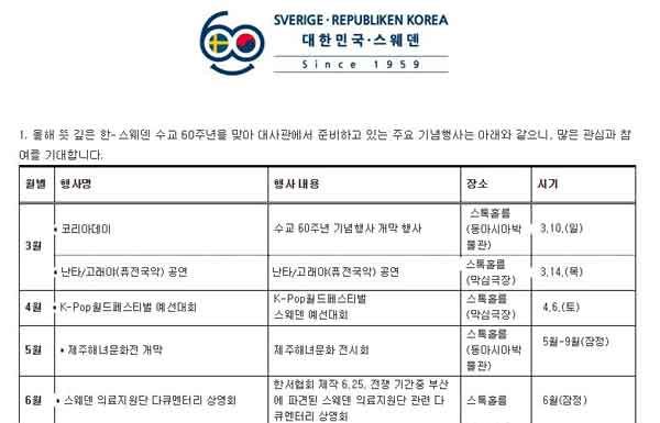 스웨덴과의 수교 60주년 기념행사