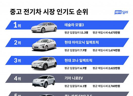 헤이딜러, 중고 전기차 인기도 1위에 ‘테슬라 모델3’